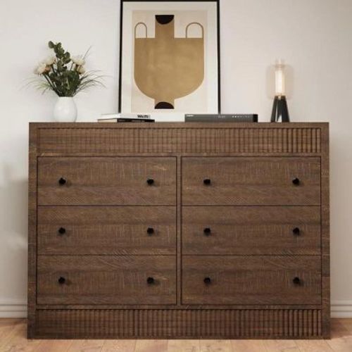 47" Fluted 6-Drawer Dresser, Double Fluted Design Wood Storage Chest for Bedroom, Nursery, or Living Room