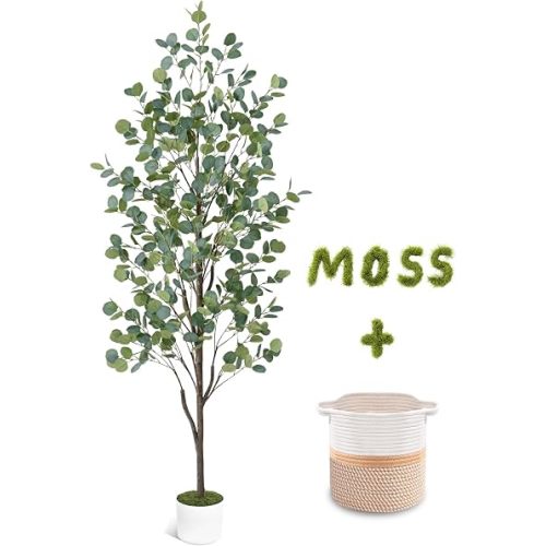 Waipfaru 6FT Fake Eucalyptus Tree with Natural Wood Trunk, Artificial Eucalyptus Tree with Planter & Basket, Tall Faux Plant for Living Room Office Bedroom Indoor Outdoor Decor