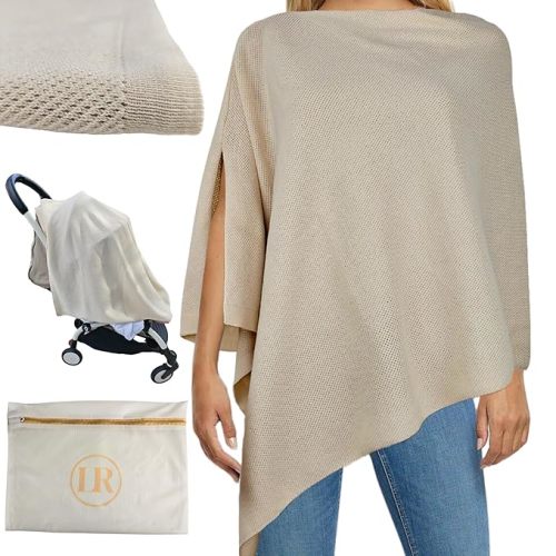 Little Rou Peekaboo Knit Breathable Nursing Cover Up For Breastfeeding - Soft Organic Cotton & Cashmere Breast Feeding Covers For Women - Privacy Feature - Includes Mesh Laundry Bag (Beige)