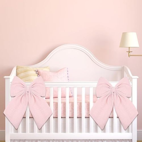 Riceshoot 2 Pcs Large Crib Bows 11 x 16 inch Coquette Bow Decorations for Nursery Crib Canopy Bed Large Bow Room Nursery Decor Infant Bassinet Bedroom Decor for Gender Reveal Gifts (Pink)