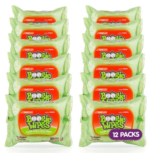 Saline Nose Wipes by Boogie, for Baby & Kids, Face, Hand & Body, Made with Vitamin E, Aloe, and Natural Saline, Unscented, 30 Count (Pack of 12)