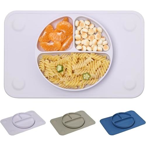 BABELIO Baby Plates with Suction, Silicone Suction Plate for Toddlers & Babies, Divided Dishes | Placemat Plate Design | 100% Silicone | BPA Free | Dishwasher Safe (Lilac Grey)
