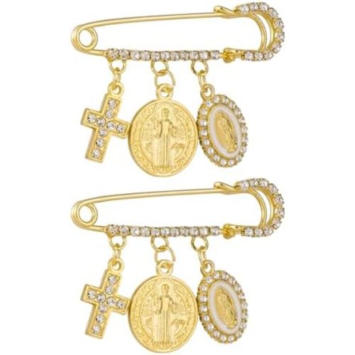 Cottvott St. Benedict Safety Pin Crystals Brooch Lapel Pins with Cross Pendant Our Lady Guadalupe Medal Imitation Pearl Brooch for Women Backpack Clothing Badges