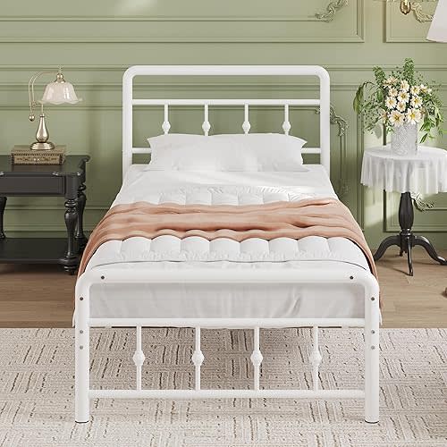 12 Inch Twin Bed Frames with Headboard and Footboard, Heavy Duty Twin Metal Mattress Foundation No Box Spring Needed, Noise Free, Easy Assembly, White