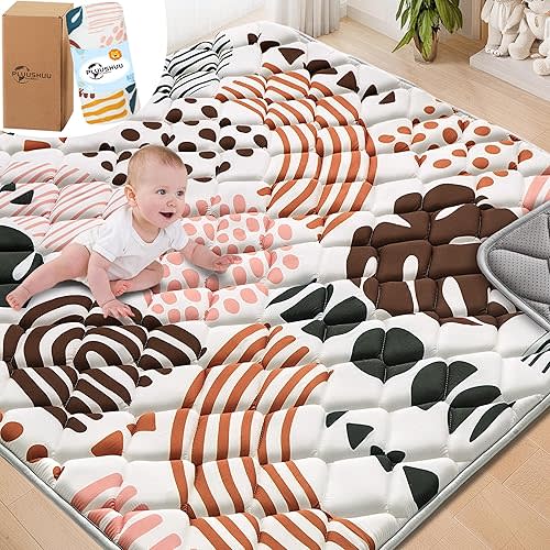 Baby Play Mats for Floor, 43x43 Playpen Mat for Babies, Extra Thicker & Soft Floor Crawling Mat, Foldable Non-Slip Playmat for Infants Toddlers, Boho Leaf Dark Brown