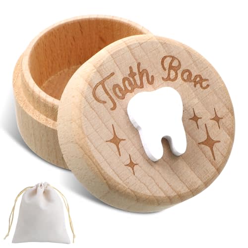 DIVINA VITAE Tooth Fairy Box with Storage Pouch Wooden Tooth Storage Box for Lost Teeth Container Cute 3D Carved Souvenir Dropped Teeth Keepsake Boxes Gift for Boys Girls Kids Birthday
