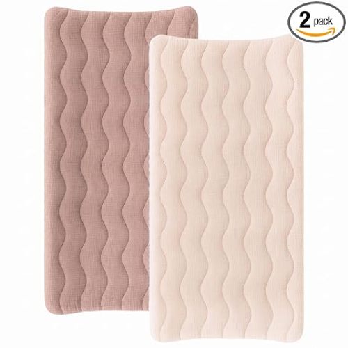 Konssy 2 Pack Quilted Muslin Changing Pad Cover, Waterproof Layer 32" x 16"