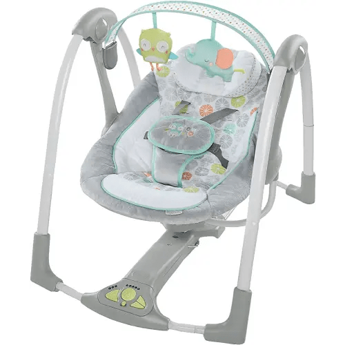Ingenuity Swing 'n Go 5-Speed Baby Swing - Foldable, Portable, 2 Plush Toys & Sounds, 0-9 Months 6-20 lbs (Hugs & Hoots)