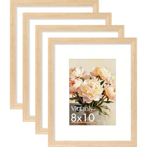 Vittanly Solid Wood 8x10 Picture Frame with Mat, Natural, 4 Pack | Solid Wood 8x10 Frame with Plexiglass, Display Pictures 5x7 with Mat or 8x10 without Mat, Photo Frame for Wall or Tabletop