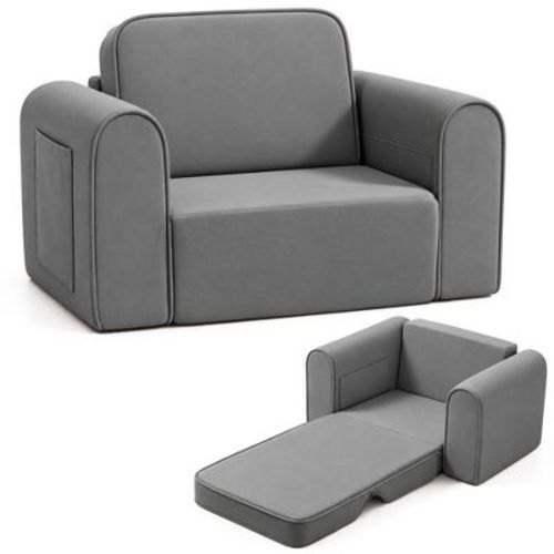 Kinder King 2-in-1 Kids Couch, Fold-Out Toddler Sofa Chair for Reading, Lounging & Playroom Use, Gray