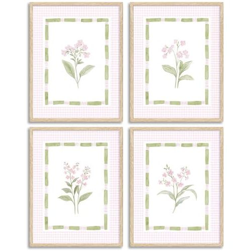 EEJDSHU Pink Floral Nursery Wall Art Watercolor Wildflower Pictures Wall Decor Sage Green Botanical Posters Vintage Grandmillenial Flowers Painting Print Artwork for Baby Girls Room Bedroom, Unframed