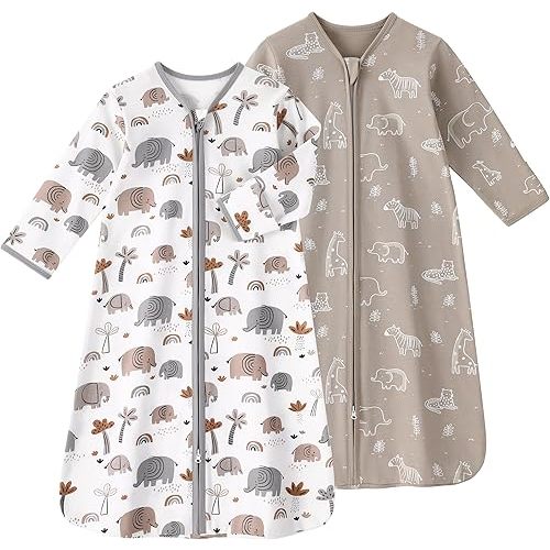 Baby Sleep Sack 0-6 Months, Long Sleeve Baby Sleeping Bag 0.5 Tog with Mittens, Newborn Cotton Wearable Blanket Grey Elephant 2 Pack(Small)