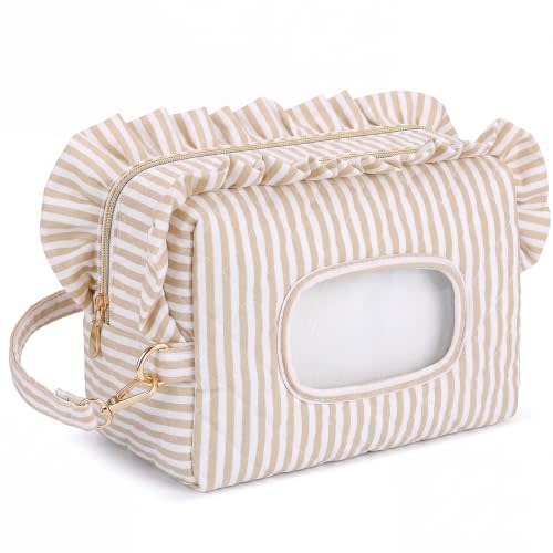 Aliceset Beige Stripe Ruffle Diaper and Wipe Pouch Baby Wipe Holder | Quilted Baby Dispenser Holder Diaper and Tissue Bag Portable Travel Hanging Wet Wipes Bag Diapering Clutch for Car Stroller