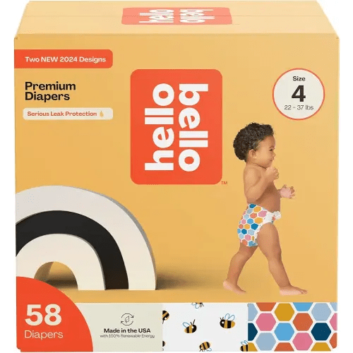 Hello Bello Premium Diapers Size 4 (22-37lbs), Busy Bees & Hive Five Designs, 58ct Club Box