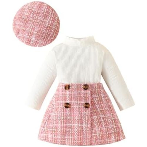 VISGOGO Toddler Girl Skirts Outfit Ribbed Long Sleeve Tops Plaid Tweed Pattern Skirt Beret Baby Fall Winter Clothes