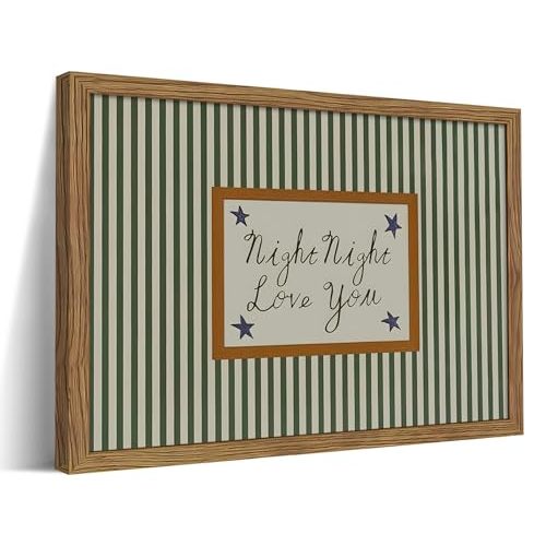 Vintage Green Wall Art, Mid Century Night Night Love You Stripe Canvas Wall Decor Painting, Modern Minimalist Nursery Striped Prints Pictures for Baby Room Kids Bedroom 16x24 Inch Framed