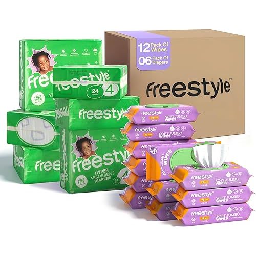Freestyle Diapers Size 4 (Pack of 6) and Jumbo Wipes (Pack of 12) - Monthly Supply Virtual Bundle - Hyper Absorbent, Pediatrician-Approved Diaper for Babies - EWG Certified, Hypoallergenic Wet Wipes