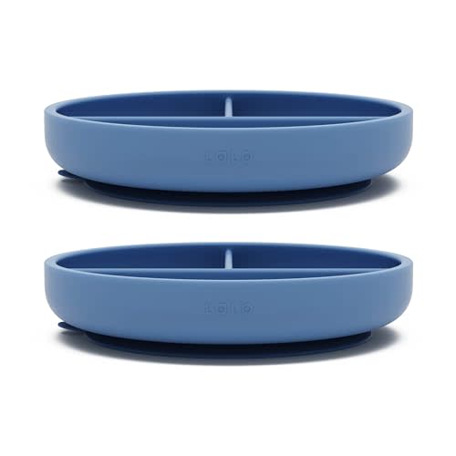 Lalo Suction Plates - 2 Pack, 100% Silicone Non-Toxic BPA-Free Baby Plates with Suction Base To Prevent Accidental Tip-Overs - Suction Plates for Toddlers With Three Divided Sections - Blueberry