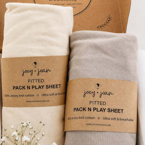 Joey + Joan Pack and Play Sheets Fitted – Compatible with Graco Pack n Play Playard Crib and Other 27 x 39 Inch Playpen Mattress – Gray + Beige (2 Pack)