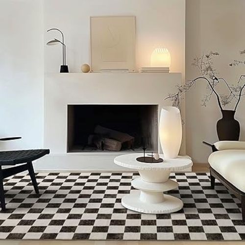 Checkered Plaid Area Rug 6x9, Soft Faux Wool Rugs Washable Anti Slip Rugs Large Rug Carpet for Entryway Bedroom Living Room Hallway Kitchen and Laundry Room, Black and White
