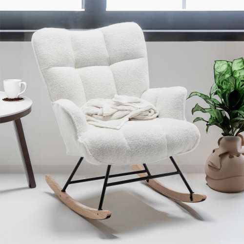 White Teddy Rocking Chair, with High Backrest and Padded Seat for Living Rooms, Bedrooms, Offices
