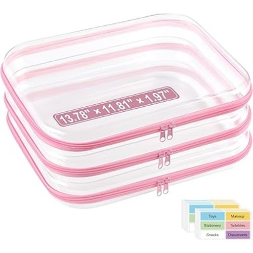 3 Pack Extra Large Clear Hard Shell Zipper Case with Labels, Crush Proof Plastic Storage Bins for Home Organization, Hard Case for Board Games Puzzles Toys Stationery Makeup A4 Documents, Pink