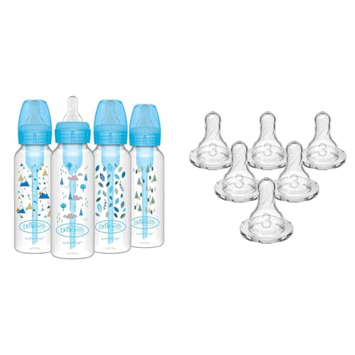 Dr. Brown's Natural Flow Anti-Colic Options+ Narrow Baby Bottles, Nature Designs, 8oz/250mL & Natural Flow Level 3 Narrow Baby Bottle Silicone Nipple, Medium-Fast Flow, 6m+