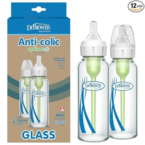 Dr. Brown's Anti-Colic Options+ Narrow Glass Baby Bottle with Level 1 Slow Flow Nipple, BPA-Free, 8 oz/250 mL, 0m+, 12-Pack (Packaging May Vary)