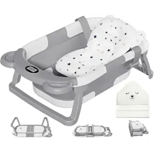 MoreFeel Collapsible Baby Bathtub for Newborn with Thermometer & 1 Hooded Towel & 1 Soft Floating Cushion,Portable Travel Bathtub with Drain Hole, Durable Foldable Baby Tubs for Infants to Toddler
