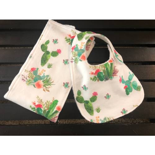 Muted floral and cactus water colored print baby girl bib and burp cloth set