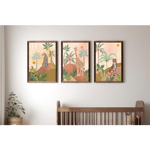 Jungle Nursery Wall Art, Contemporary Print, Tropical Safari Nursery, Animal Wall Decor, Playroom, Giraffe, Tiger, Leopard Print, Set of 3
