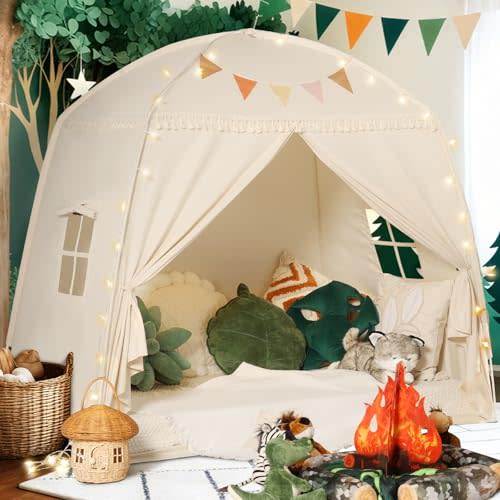 Sumbababy Large Teepee Tent for Kids: with Star Lights & Flags - Tent for Kids Indoor Toddler Teepee for Boys & Girls - Toddler Playhouse Inside Canopy Bed for Playroom Gift Toys (Cream)