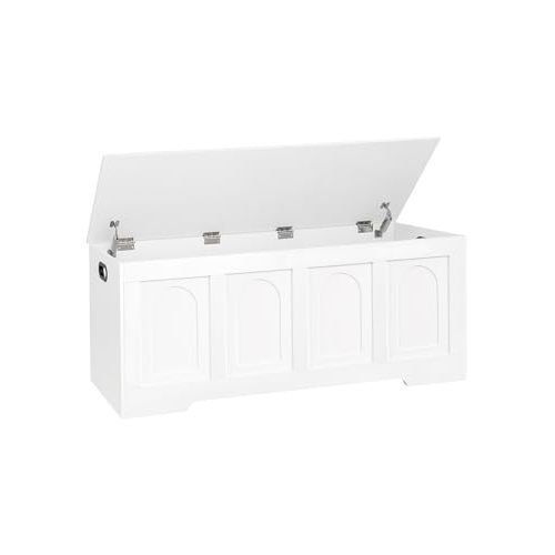 DINZI LVJ Storage Chest, 47.2" Rattan-Like Toy Box with 2 Safety Hinges, Wooden Entryway Storage Bench with Flip-Top, Large Trunk for Living Room, Bedroom, Easy Assembly, White