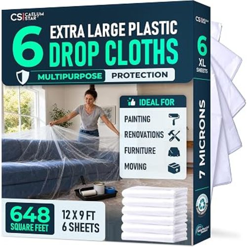 CS 6 Pack Clear Plastic Drop Cloth for Painting & Decorating, 12x9Ft Each