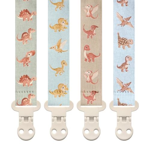 Stadela Baby Fabric Pacifier Clip Holder, Plastic Clip, 4‑Pack, Dinosaur Pattern, Dinomite Set
