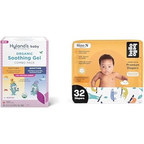 Hyland's Baby - Organic Day/Night Soothing Gel Combo Pack, Natural Relief of Oral Discomfort (2 Tubes of 0.53 oz.) + Hello Bello Premium Baby Diapers Size Newborn, 32 Count