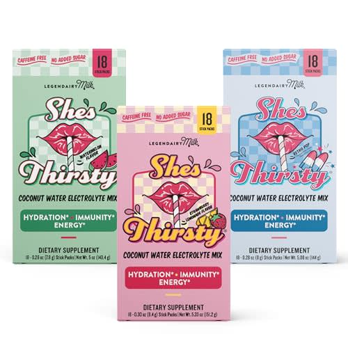 Legendairy Milk She’s Thirsty – Hydration Packets, Cortisol Supplement for Stress Relief & Adrenal Support, Strawberry Lemonade, Watermelon and Retro Pop - 54 Packets