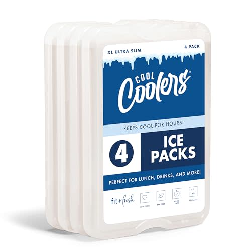 Cool Coolers by Fit & Fresh 4 Pack XL Slim Ice Packs, Quick Freeze Space Saving Reusable Ice Packs for Lunch Boxes or Coolers