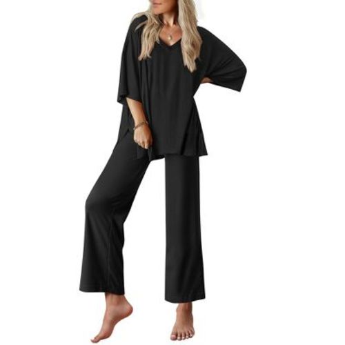 Ekouaer Lounge Sets for Women Pajamas Set Short Sleeve Tops and Long Pants Soft 2 Piece Outfits with Pockets Black XL