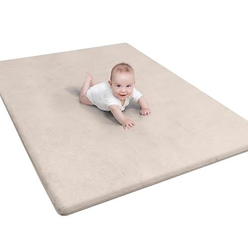 Baby Play Mat for Floor - 1.3” Thick Memory Foam, 59" x 79" Large Crawling Mat for Infant & Toddler, Soft Non-Toxic Crawling Mat, Easy to Clean, Non-Slip Reversible Design - (Beige Cream)