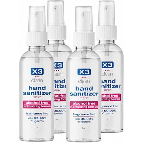 X3 Clean Hand Sanitizer Spray, Alcohol Free, Fragrance Free, Kills 99.9% of Bacteria, Travel Size 2 oz (Pack of 4)