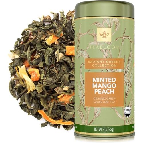 Teabloom Organic Green Tea, Minted Mango Peach Loose Leaf Tea, Fresh and Fruity, Purest Quality Green Tea Leaves, USDA Certified Organic, Fresh Whole Leaf Blend in Reusable Gift Canister, 3oz/85 g Canister Makes 35-50 Cups