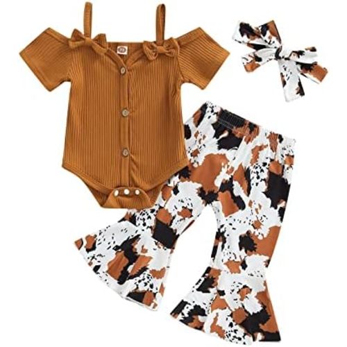 Lefyira Cow Print Bell Bottoms Outfits Toddler Girl Short Sleeve Romper Rib Knit Button Bodysuit Flare Pants Clothes Summer