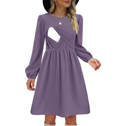 Women Nursing Dress Long Sleeve Round Neck Maternity Flowy Knee Length Babydoll