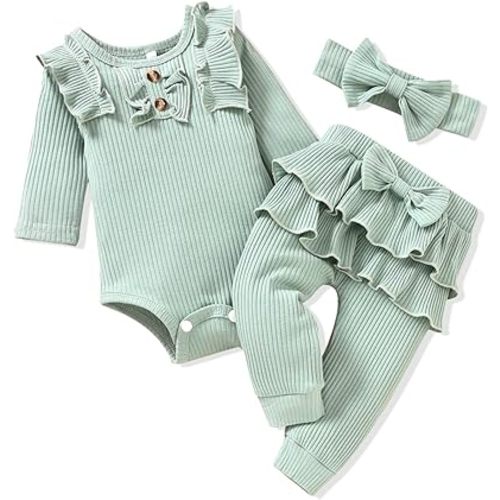 Aalizzwell Preemie Newborn Infant Baby Girls Clothes Ribbed Bodysuit Pants Set Fall Winter Outfits
