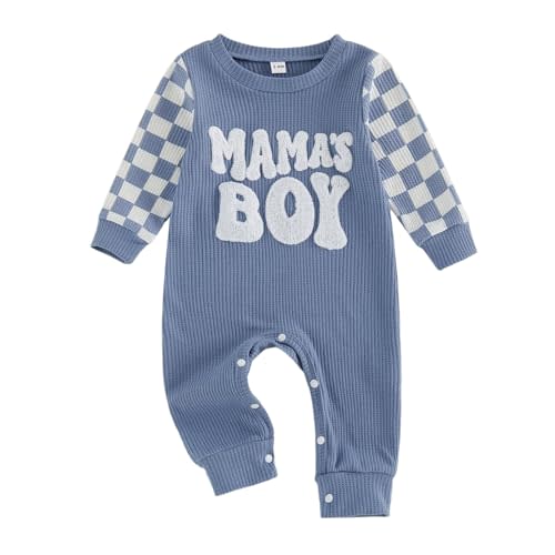 Newborn Baby Boy Fall Winter Clothes Mamas Boy Embroidery Jumpsuit Waffle Round Neck Romper Onesie 3 6 12 18 Months