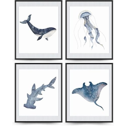 Wheatwin Ocean Room Decor, Beach Nursery Playroom Decor, Baby Boys Room Wall Art Ocean Sea Animal Prints Set of 4, Navy Blue Sea Animal Wall Decor for Toddler Kids Bathroom Room 8x10 Unframed