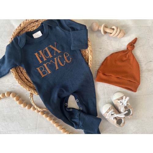 Personalized Baby Boy Outfit | Navy Romper Burnt Orange Custom Baby Na – Wonderfully Made