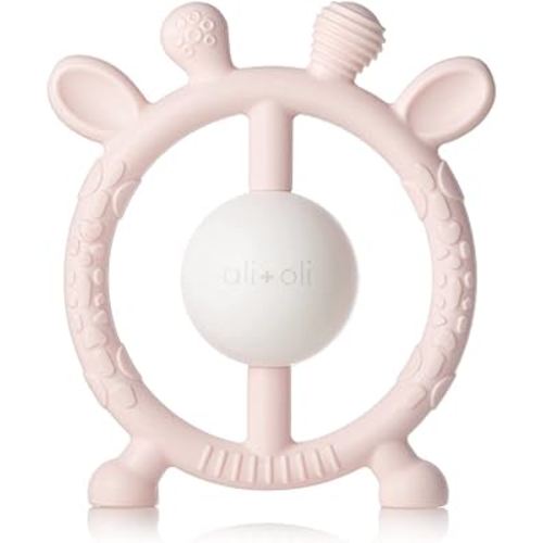 Ali+Oli Baby Teether & Rattle (Pink Giraffe) Baby Teething Relief, Silicone Teethers for Babies 3+ Months, Baby Teething Toys w/Multi-Textured Surface, BPA Free & Freezable Teethers for Babies