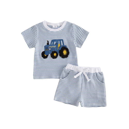 Loicainy Toddler Baby Boys Summer Outfits 6 12 18 24 Months 2T 3T 4T Vehicle Embroidery Waffle Stripe Short Sleeve T-Shirts Elastic Waist Shorts 2Pcs Clothes Set